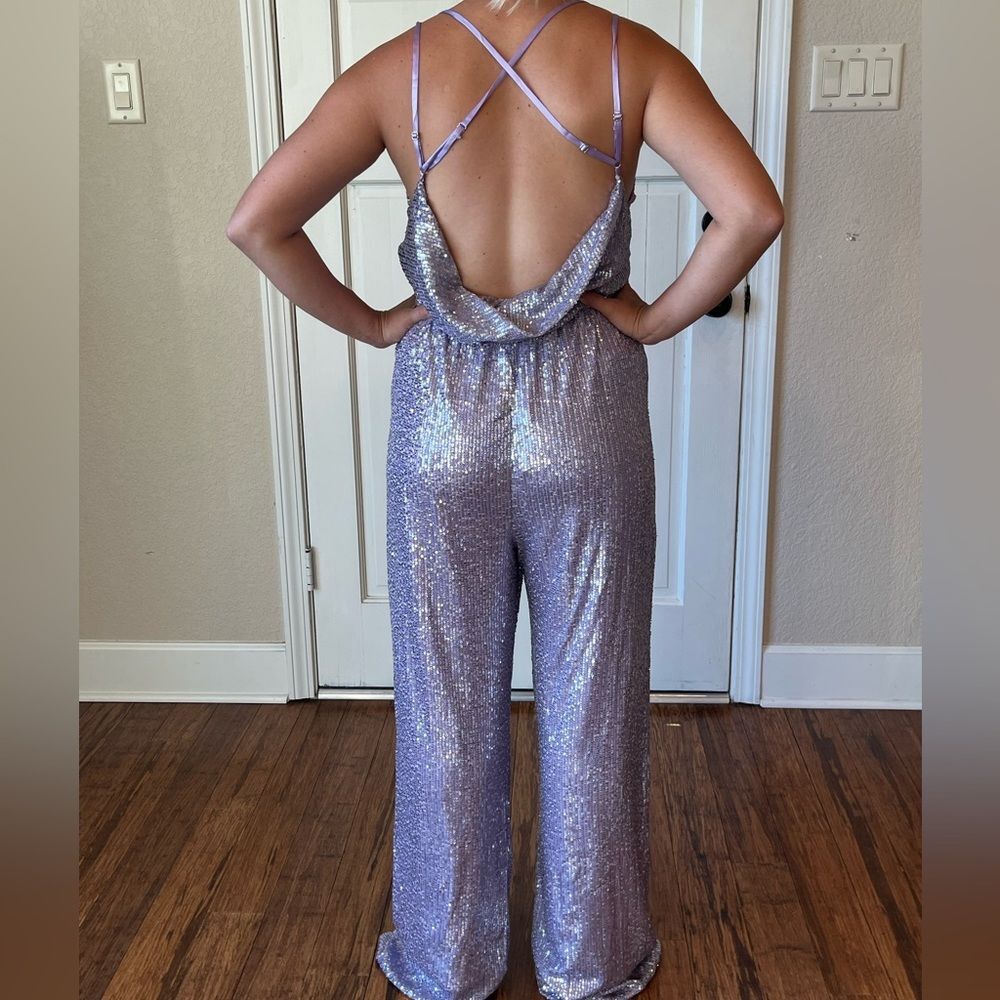 NWT Anthropologie Ranna Gill Silver Sequin Lavender Purple Cowl Neck Jumpsuit